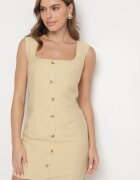 retro & icone Rochie Bej din Viscoză cu In Cambrată cu nasturi decorativi și decolteu pătrat Ivelzemis