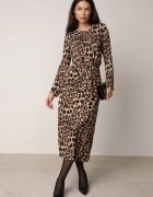 retro & icone Rochie Bej închis cu imprimeu leopard cu nod decorativ și despicătură Salanthia