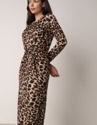 retro & icone Rochie Bej închis cu imprimeu leopard cu nod decorativ și despicătură Salanthia