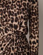 retro & icone Rochie Bej închis cu imprimeu leopard cu nod decorativ și despicătură Salanthia