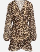 retro & icone Rochie bej închis imprimată leopard cu decolteu în V decorată cu drapaj și volane Melobria
