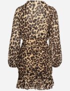 retro & icone Rochie bej închis imprimată leopard cu decolteu în V decorată cu drapaj și volane Melobria