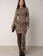 retro & icone Rochie bej închis mulată tricotată cu imprimeu leopard și încrețituri decorative Trilabina