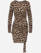 retro & icone Rochie bej închis mulată tricotată cu imprimeu leopard și încrețituri decorative Trilabina