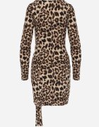retro & icone Rochie bej închis mulată tricotată cu imprimeu leopard și încrețituri decorative Trilabina
