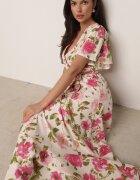 retro & icone Rochie Bej-Roz cu decolteu tip plic cu elastic în talie și curea textilă Genatia