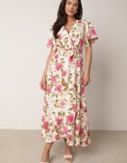 retro & icone Rochie Bej-Roz cu decolteu tip plic cu elastic în talie și curea textilă Genatia