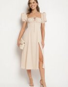 retro & icone Rochie bejă în stil rustic cu legătură la decolteu și despicătură Idanillea