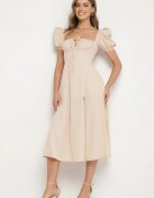 retro & icone Rochie bejă în stil rustic cu legătură la decolteu și despicătură Idanillea