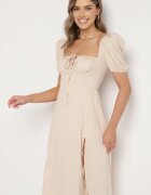 retro & icone Rochie bejă în stil rustic cu legătură la decolteu și despicătură Idanillea