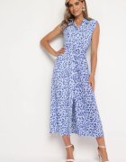 retro & icone Rochie Cămașă Albastră cu Imprimeu Animal Cu nasturi cu Cordon din Material Vespia