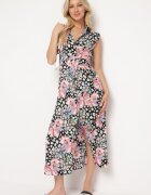 retro & icone Rochie Cămașă Negru-Roz florală cu nasturi și cordon din material Himpia