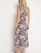 retro & icone Rochie Cămașă Negru-Roz florală cu nasturi și cordon din material Himpia