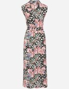 retro & icone Rochie Cămașă Negru-Roz florală cu nasturi și cordon din material Himpia