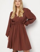 retro & icone Rochie Cloș Maro cu Încrețituri în Talie și Decolteu în V Salindea