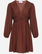 retro & icone Rochie Cloș Maro cu Încrețituri în Talie și Decolteu în V Salindea