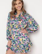 retro & icone Rochie Cloș Mini Violet-Verde cu Elastic în Talie Decorată cu Pete Viorella