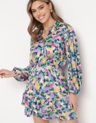retro & icone Rochie Cloș Mini Violet-Verde cu Elastic în Talie Decorată cu Pete Viorella