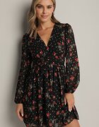 retro & icone Rochie Cloș Neagră Cambrată Florală cu Mâneci cu Manșete elastice Everia