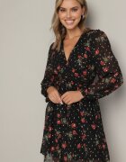 retro & icone Rochie Cloș Neagră Cambrată Florală cu Mâneci cu Manșete elastice Everia
