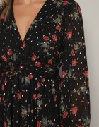 retro & icone Rochie Cloș Neagră Cambrată Florală cu Mâneci cu Manșete elastice Everia