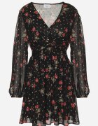 retro & icone Rochie Cloș Neagră Cambrată Florală cu Mâneci cu Manșete elastice Everia
