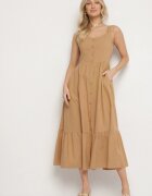 retro & icone Rochie Evazată Bej închis din bumbac cu volan și nasturi Lunassa