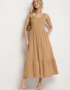 retro & icone Rochie Evazată Bej închis din bumbac cu volan și nasturi Lunassa
