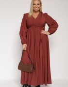 retro & icone Rochie Evazată Maro deschis cu Încrețituri și Elastic în Talie Fedorna
