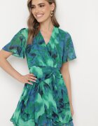 retro & icone Rochie Evazată Verde-Albastră cu Decolteu Petrecut și Elastic în Talie Pannestra