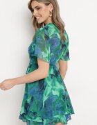 retro & icone Rochie Evazată Verde-Albastră cu Decolteu Petrecut și Elastic în Talie Pannestra