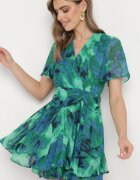 retro & icone Rochie Evazată Verde-Albastră cu Decolteu Petrecut și Elastic în Talie Pannestra