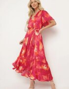 retro & icone Rochie Fuchsia-Portocalie cu decolteu petrecut cu cordon textil și elastic în talie Vikiama