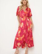retro & icone Rochie Fuchsia-Portocalie cu decolteu petrecut cu cordon textil și elastic în talie Vikiama
