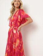 retro & icone Rochie Fuchsia-Portocalie cu decolteu petrecut cu cordon textil și elastic în talie Vikiama