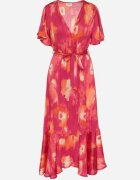retro & icone Rochie Fuchsia-Portocalie cu decolteu petrecut cu cordon textil și elastic în talie Vikiama