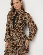 retro & icone Rochie Maro Evazată cu Guler Ridicat și Volane cu Imprimeu Leopard Labinora