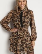 retro & icone Rochie Maro Evazată cu Guler Ridicat și Volane cu Imprimeu Leopard Labinora