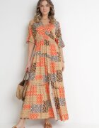 retro & icone Rochie Maxi Portocalie din viscoză cu elastice în talie și model abstract Zamania