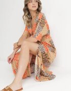 retro & icone Rochie Maxi Portocalie din viscoză cu elastice în talie și model abstract Zamania