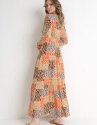 retro & icone Rochie Maxi Portocalie din viscoză cu elastice în talie și model abstract Zamania