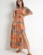 retro & icone Rochie Maxi Portocalie din viscoză cu elastice în talie și model abstract Zamania