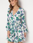 retro & icone Rochie Mini Alb-Verde cu flori cu decolteu petrecut și volane și curea Siboria