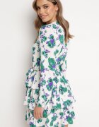 retro & icone Rochie Mini Alb-Verde cu flori cu decolteu petrecut și volane și curea Siboria