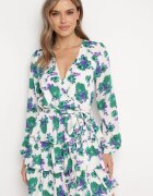 retro & icone Rochie Mini Alb-Verde cu flori cu decolteu petrecut și volane și curea Siboria