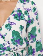 retro & icone Rochie Mini Alb-Verde cu flori cu decolteu petrecut și volane și curea Siboria