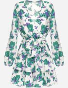 retro & icone Rochie Mini Alb-Verde cu flori cu decolteu petrecut și volane și curea Siboria