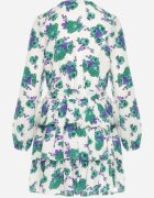 retro & icone Rochie Mini Alb-Verde cu flori cu decolteu petrecut și volane și curea Siboria