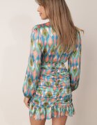 retro & icone Rochie Mini Albastru-Verde Mulată cu Decolteu Petrecut Volane și Drapaje Onorelia