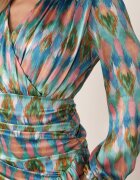 retro & icone Rochie Mini Albastru-Verde Mulată cu Decolteu Petrecut Volane și Drapaje Onorelia
